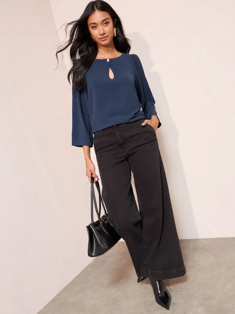 Friends Like These Navy 3/4 Sleeve Keyhole Front Hardware Detail Blouse
