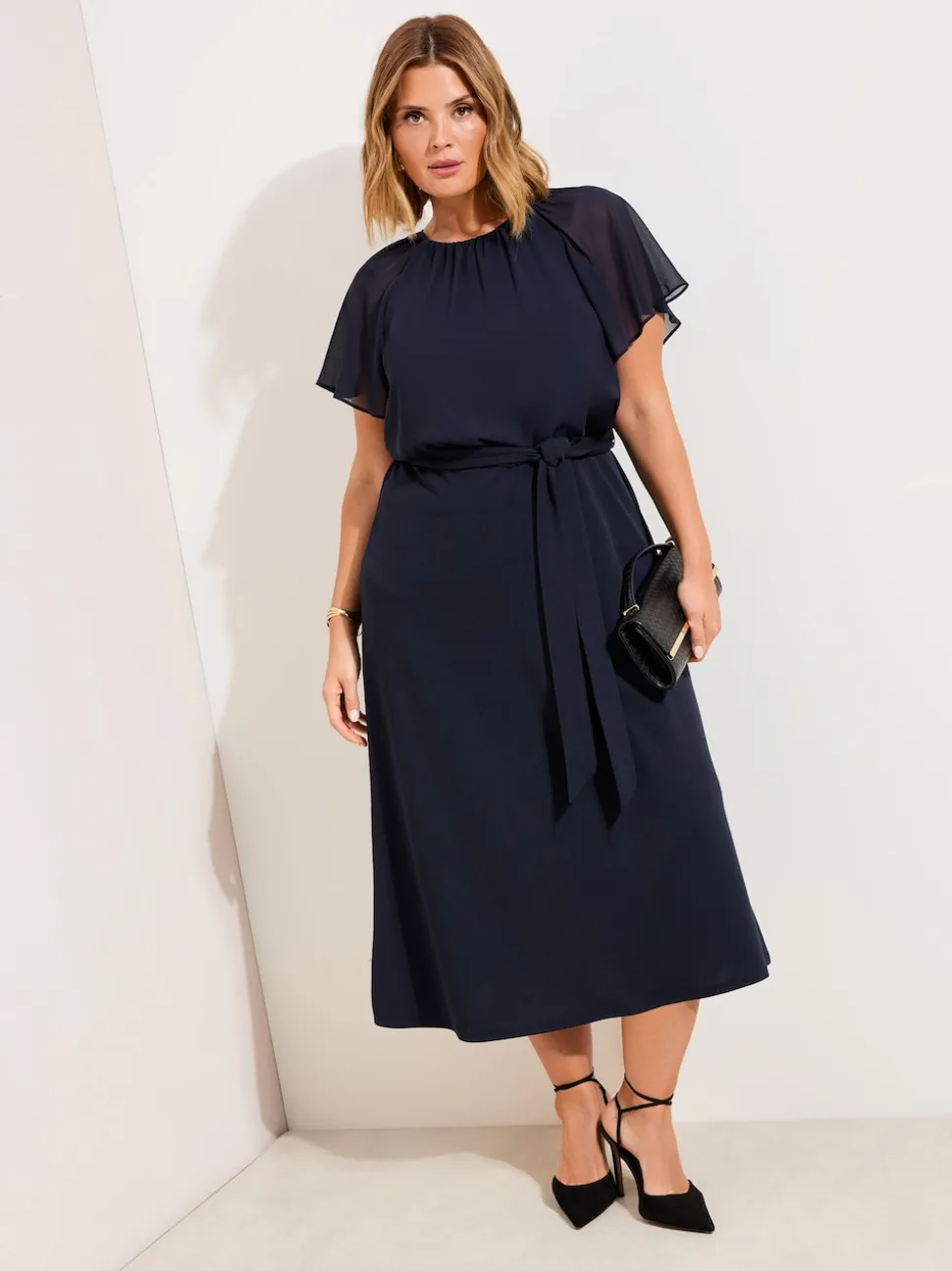 Friends Like These Navy Blue Curve Scuba Chiffon Flutter Sleeve Midi Dress