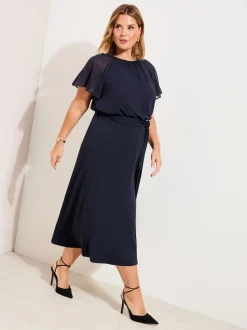 Friends Like These Navy Blue Curve Scuba Chiffon Flutter Sleeve Midi Dress