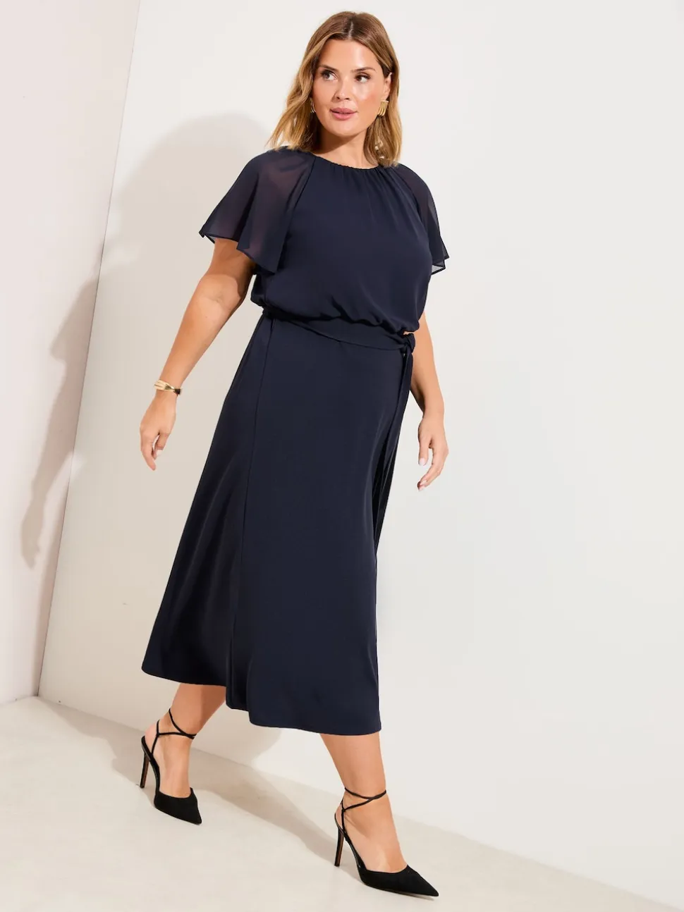 Friends Like These Navy Blue Curve Scuba Chiffon Flutter Sleeve Midi Dress