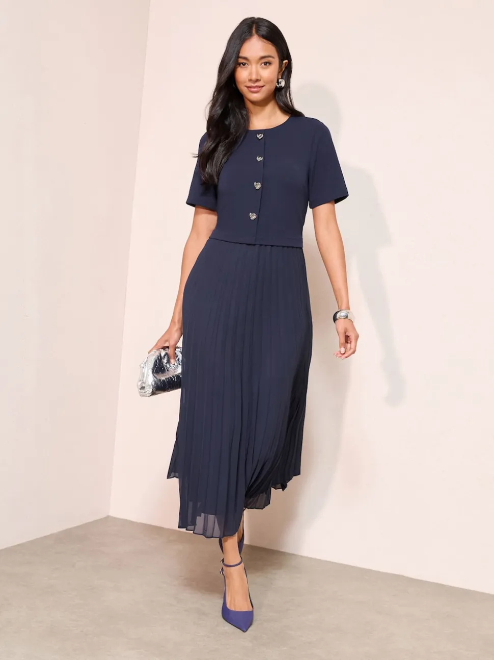 Friends Like These Navy Button Down 2-In-1 Pleated Dress