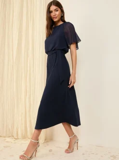 Friends Like These Navy Blue Scuba Chiffon Flutter Sleeve Midi Dress
