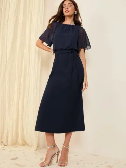 Friends Like These Navy Blue Scuba Chiffon Flutter Sleeve Midi Dress