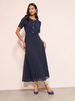 Friends Like These Navy Blue Petite Button Down 2-In-1 Pleated Dress