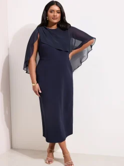 Friends Like These Navy Curve Asymmetric Chiffon Cape Scuba Midi Dress