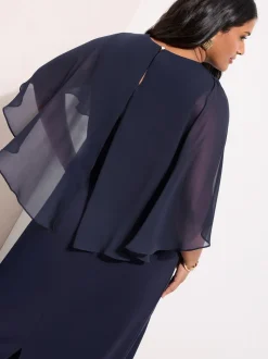 Friends Like These Navy Curve Asymmetric Chiffon Cape Scuba Midi Dress