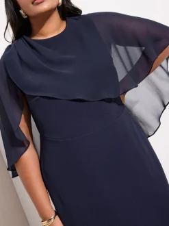 Friends Like These Navy Curve Asymmetric Chiffon Cape Scuba Midi Dress