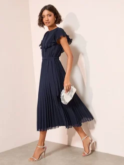 Friends Like These Navy Chiffon Pleated Lace Insert Midi Dress