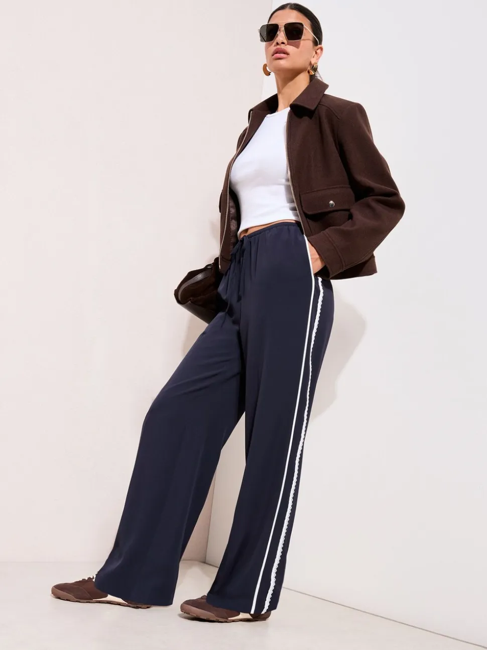 Friends Like These Navy Crochet Trim Wide Leg Trousers