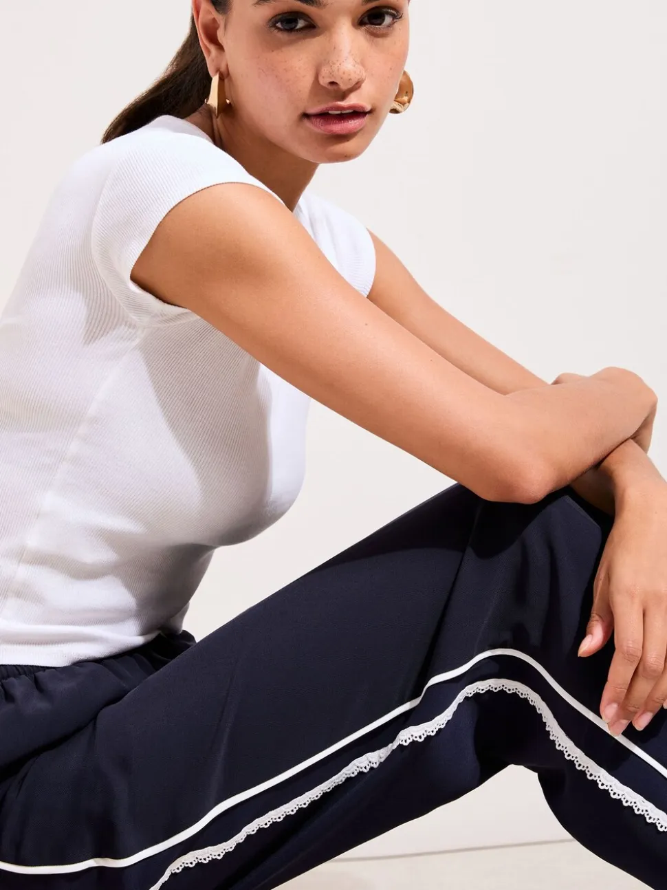 Friends Like These Navy Crochet Trim Wide Leg Trousers