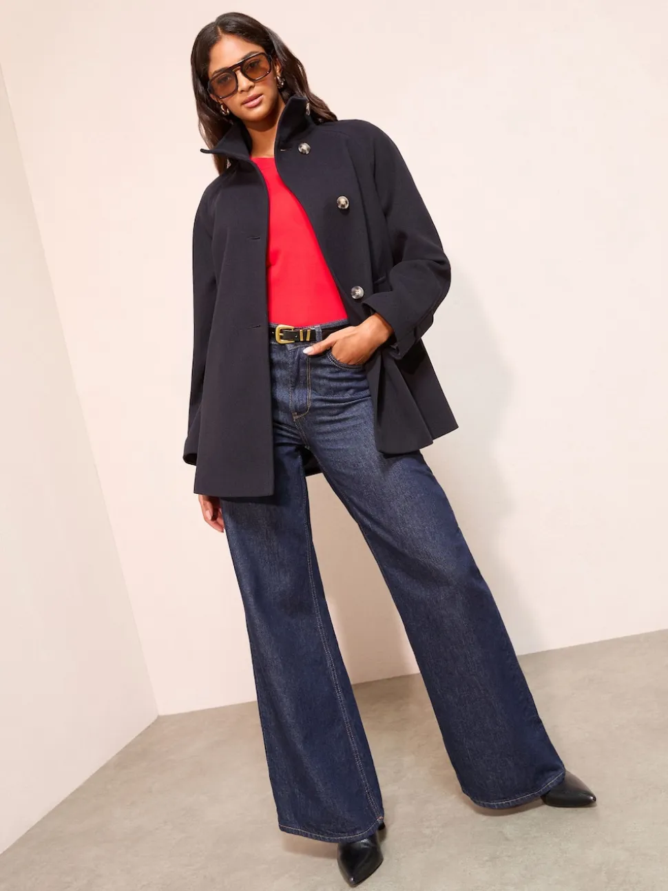 Friends Like These Navy Funnel Neck Button Front Mid Length Coat
