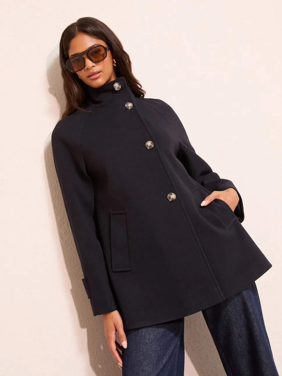 Friends Like These Navy Funnel Neck Button Front Mid Length Coat