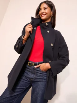 Friends Like These Navy Funnel Neck Button Front Mid Length Coat