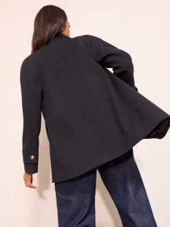 Friends Like These Navy Funnel Neck Button Front Mid Length Coat
