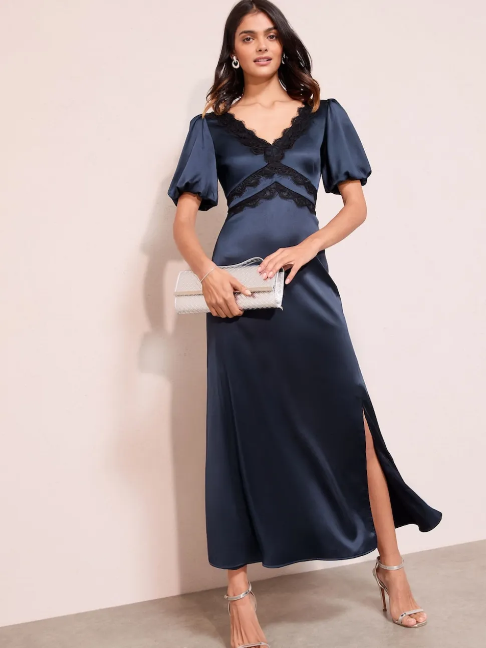 Friends Like These Navy Lace Trim V-Neck Satin Midi Dress