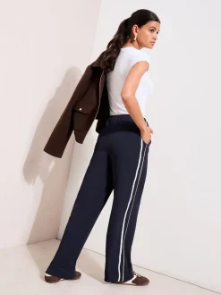 Friends Like These Navy Petite Crochet Trim Wide Leg Trousers