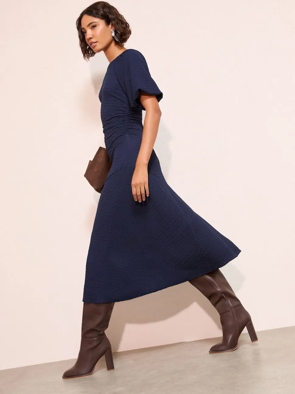 Friends Like These Navy Textured Balloon Sleeve Midi Dress