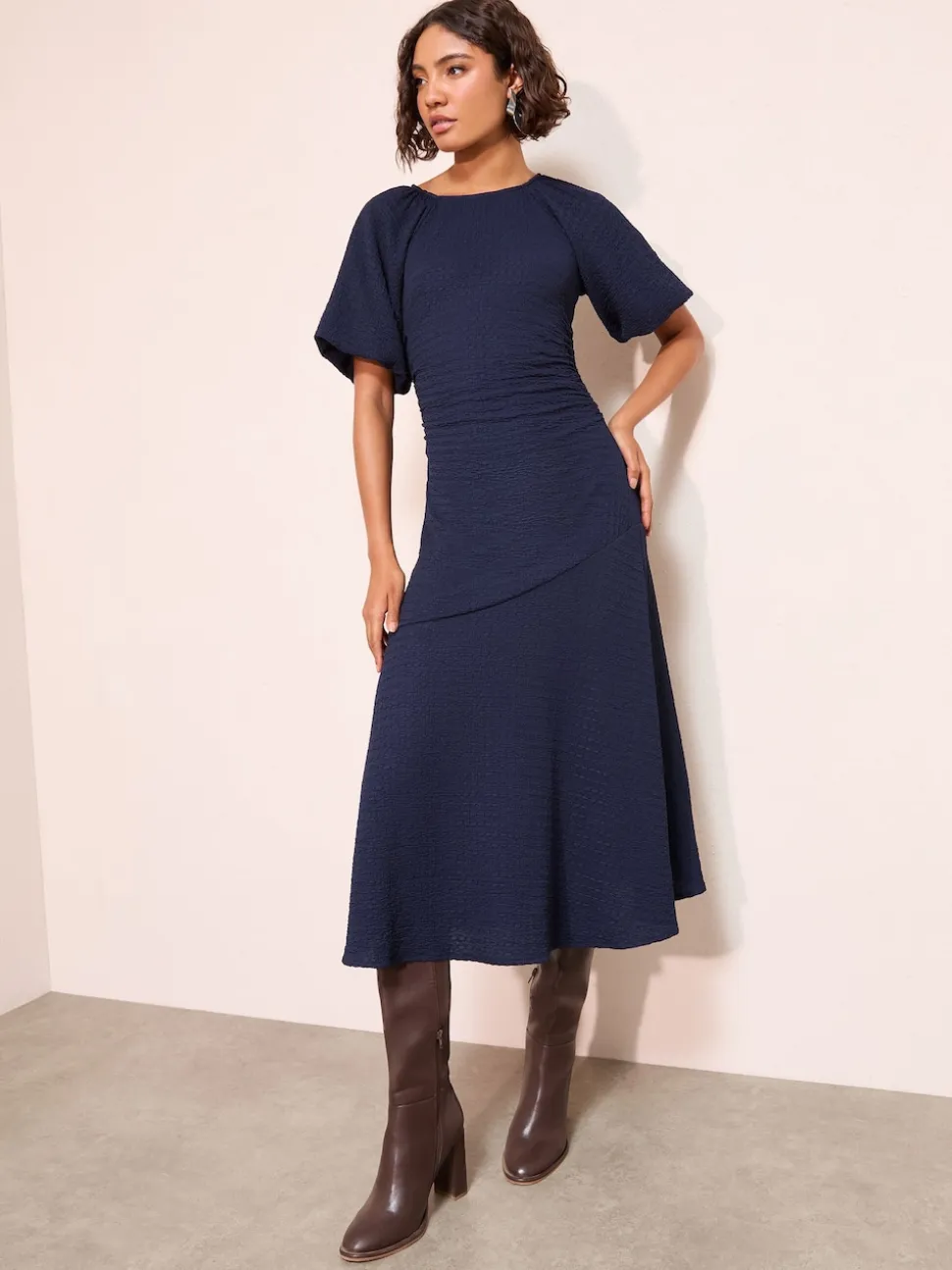 Friends Like These Navy Textured Balloon Sleeve Midi Dress