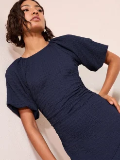 Friends Like These Navy Textured Balloon Sleeve Midi Dress