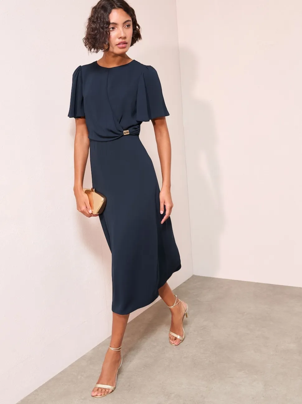 Friends Like These Navy Tulip Sleeve Wrap Front Tailored Midi Dress