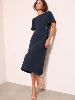 Friends Like These Navy Tulip Sleeve Wrap Front Tailored Midi Dress