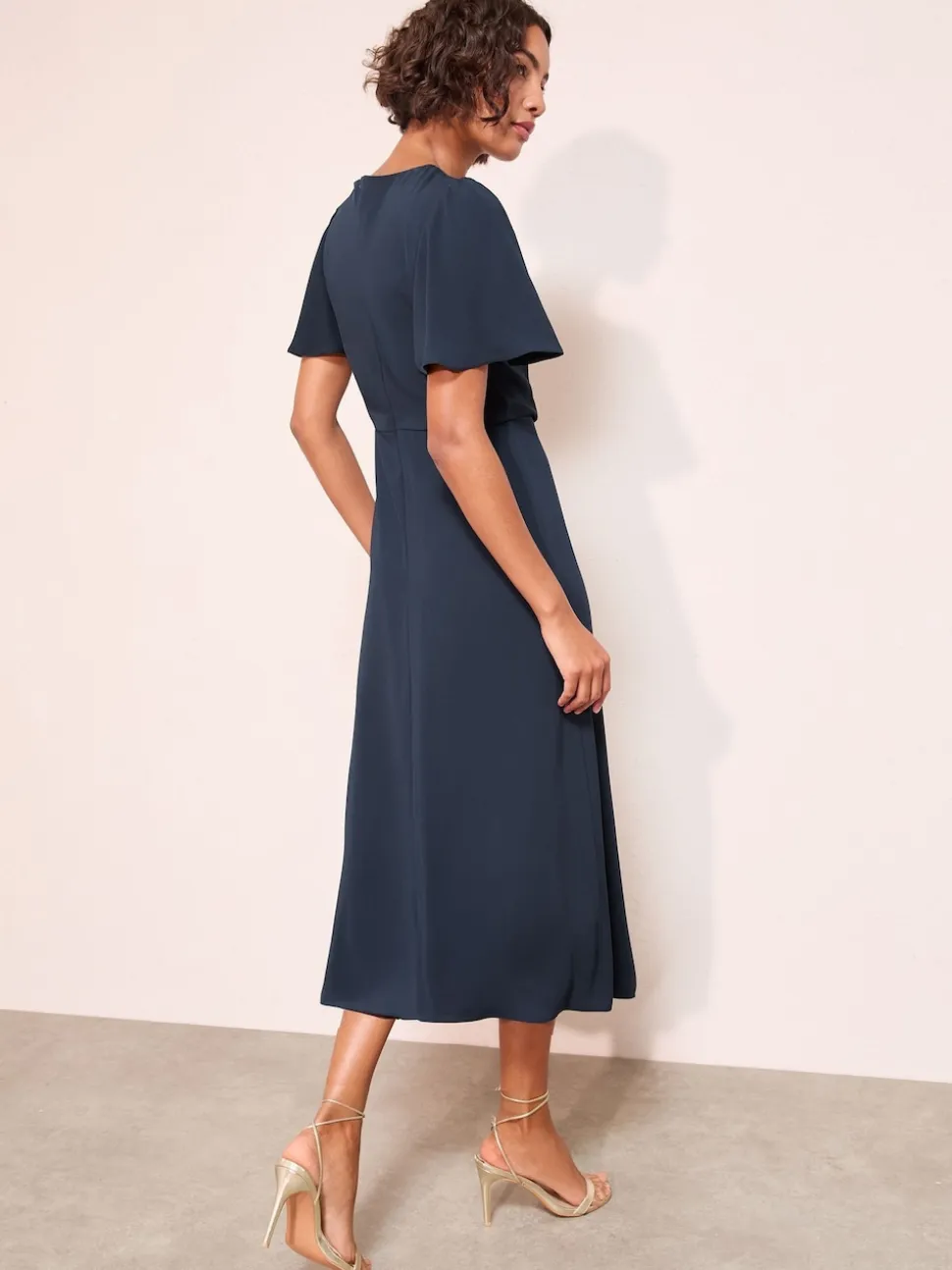 Friends Like These Navy Tulip Sleeve Wrap Front Tailored Midi Dress