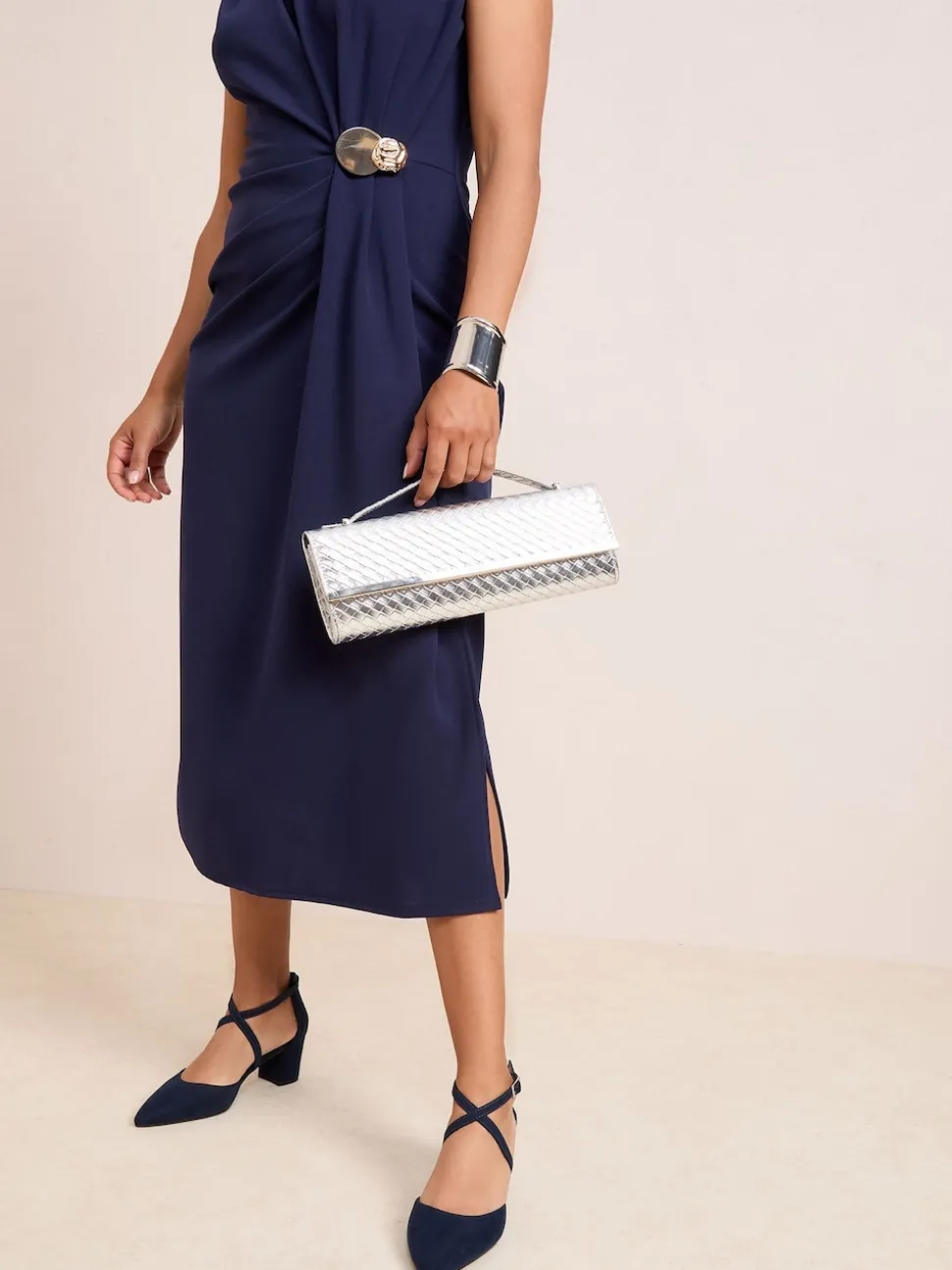 Friends Like These Navy Wide Fit Block Heel Cross Strap Court Shoes
