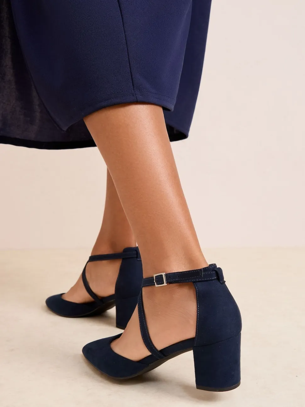 Friends Like These Navy Wide Fit Block Heel Cross Strap Court Shoes