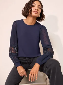 Friends Like These Navy Woven Sleeve Knitted Top