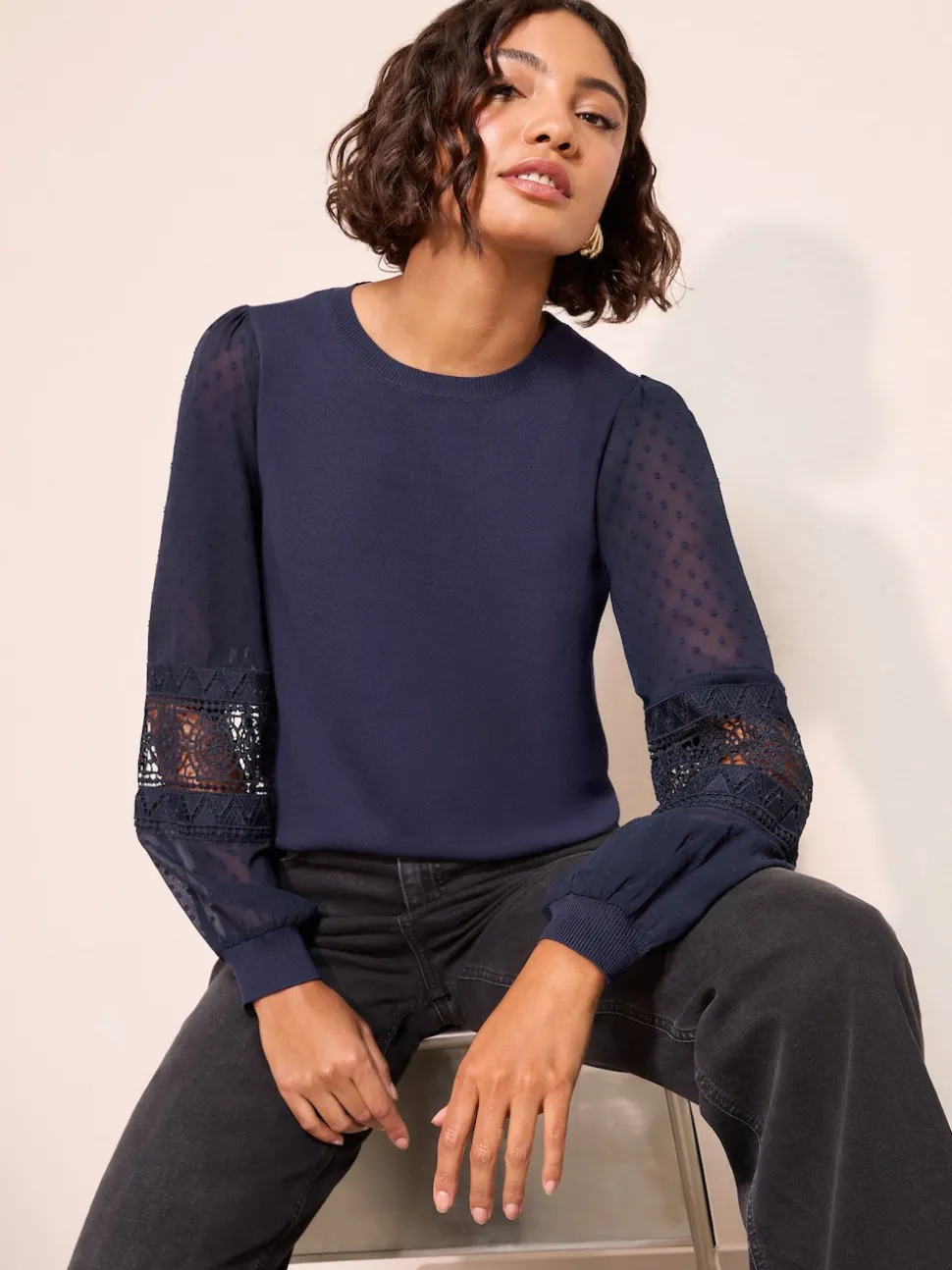 Friends Like These Navy Woven Sleeve Knitted Top