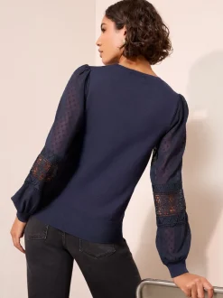 Friends Like These Navy Woven Sleeve Knitted Top