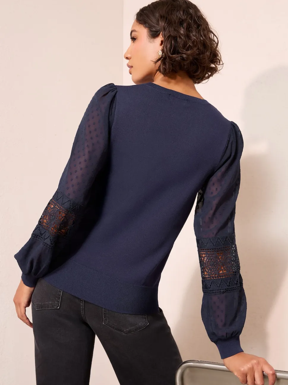Friends Like These Navy Woven Sleeve Knitted Top