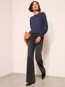 Friends Like These Navy Woven Sleeve Knitted Top
