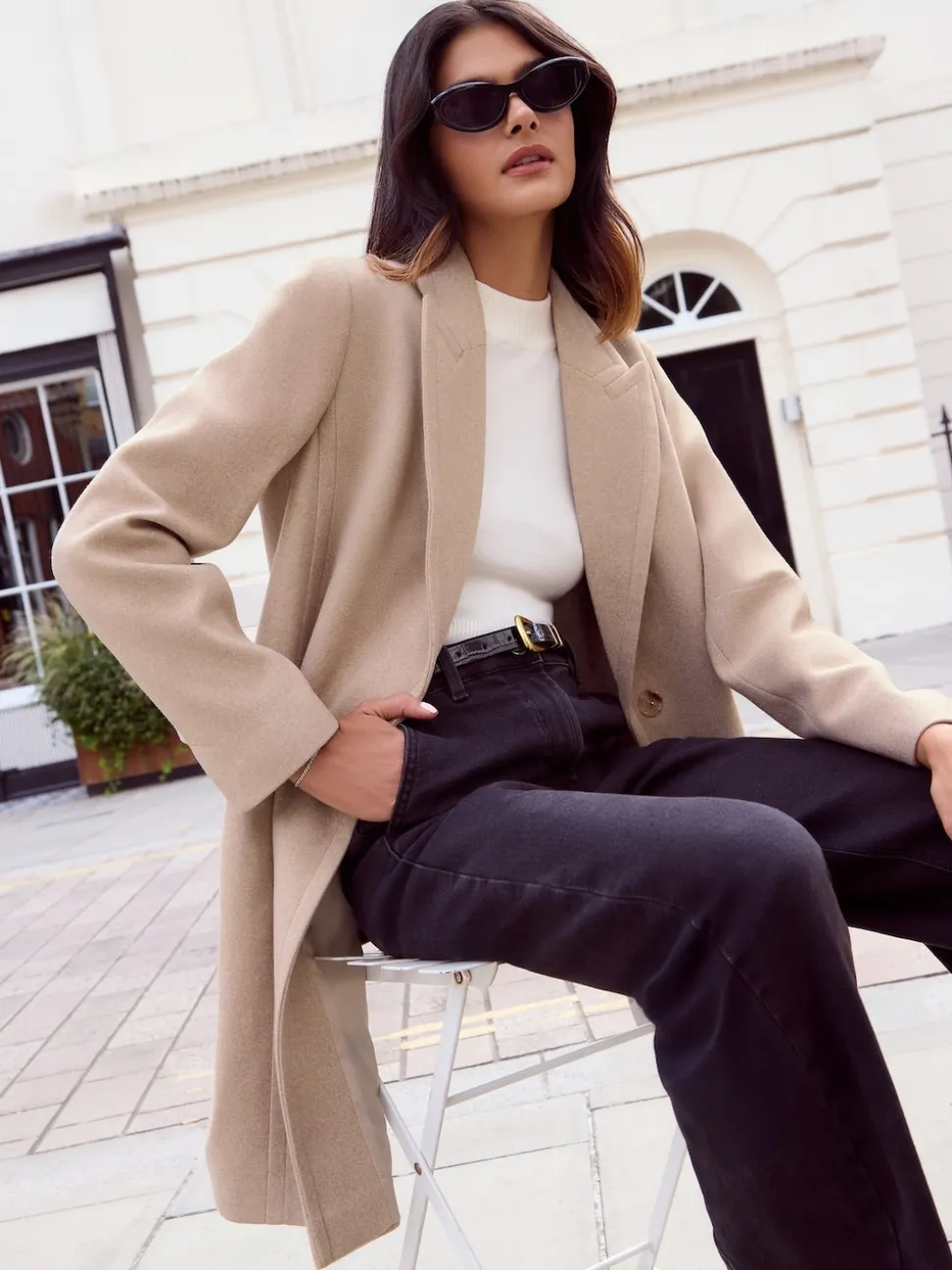 Friends Like These Neutral Tailored Mid Length Single Button Coat