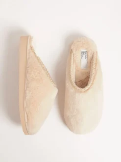 Friends Like These Neutral Supersoft Embroidered Tape Faux Fur Nightwear Mule Slippers