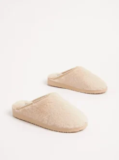 Friends Like These Neutral Supersoft Embroidered Tape Faux Fur Nightwear Mule Slippers