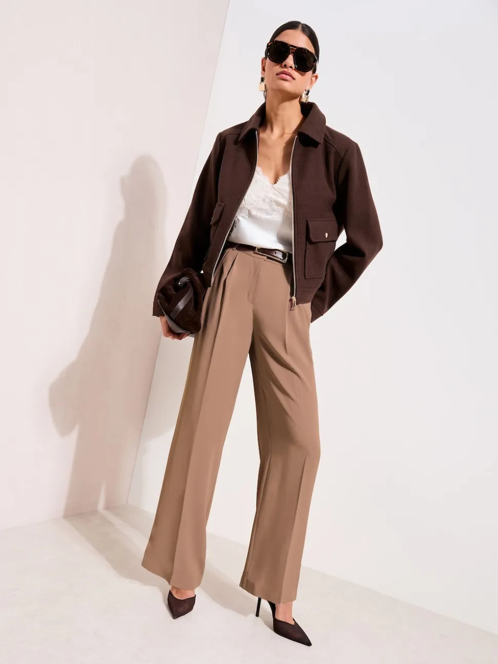 Friends Like These Neutral Latte Petite Premium Elastic Back Tailored Wide Leg Trousers
