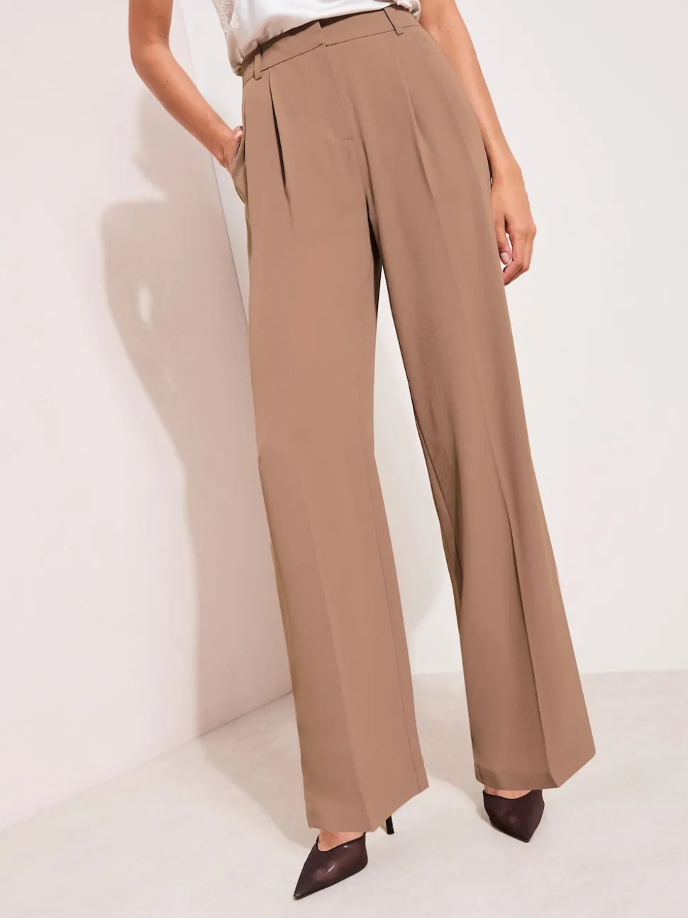 Friends Like These Neutral Latte Petite Premium Elastic Back Tailored Wide Leg Trousers