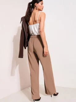 Friends Like These Neutral Latte Petite Premium Elastic Back Tailored Wide Leg Trousers