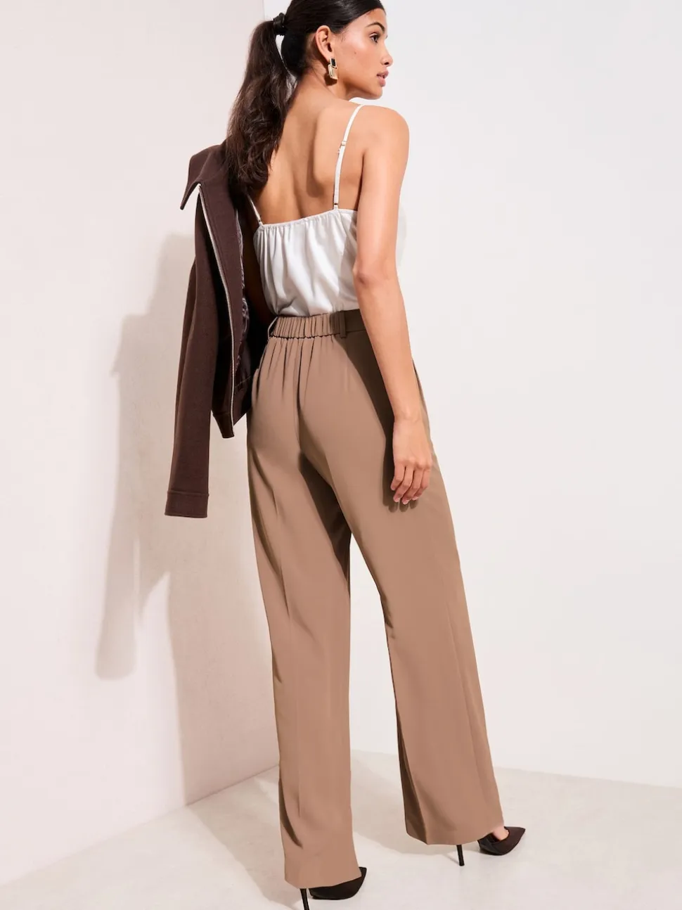 Friends Like These Neutral Latte Premium Elastic Back Tailored Wide Leg Trousers