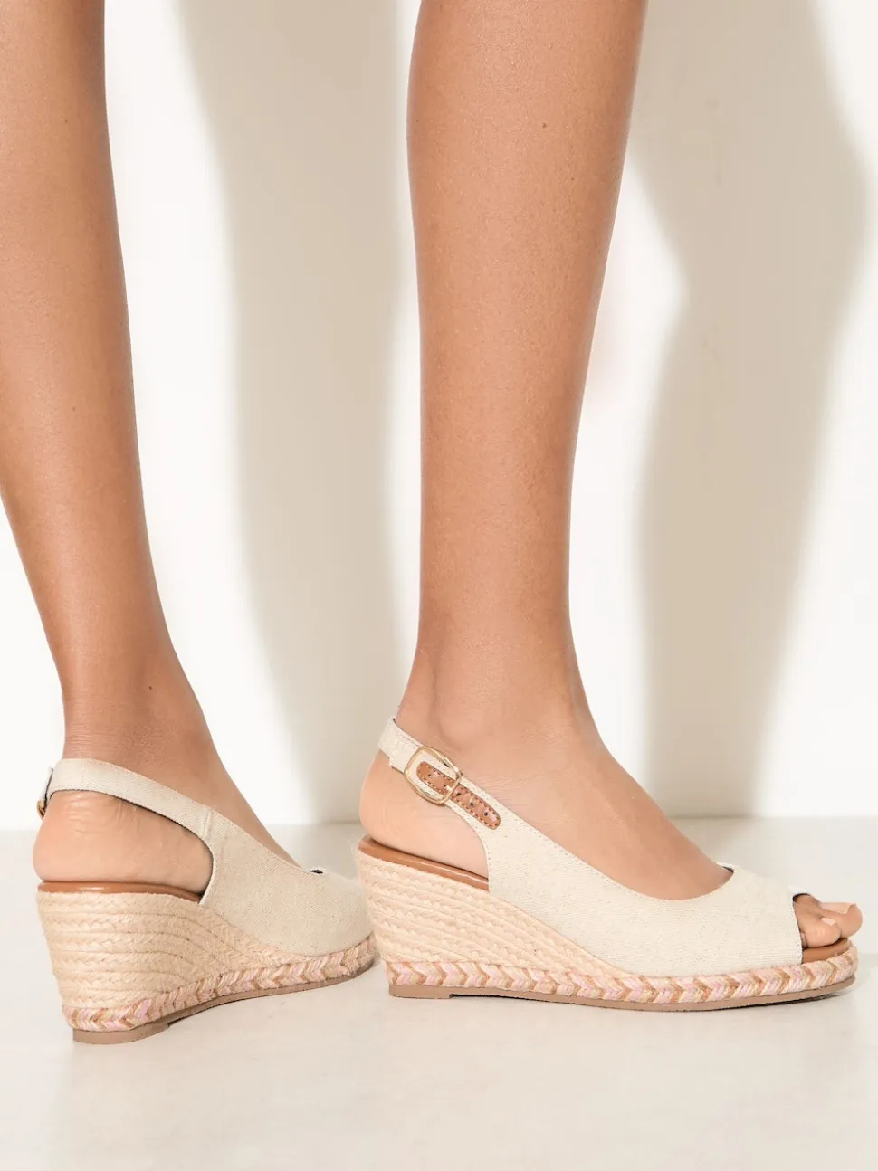Friends Like These Nude Canvas Wide Fit Slingback Peep Toe Espadrille Wedge Sandals
