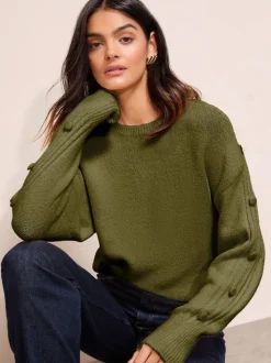 Friends Like These Olive Green Button Sleeve Detail Jumper