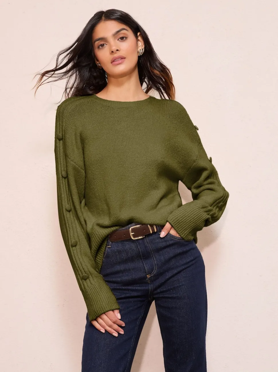 Friends Like These Olive Green Button Sleeve Detail Jumper
