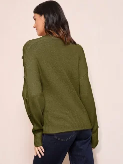 Friends Like These Olive Green Button Sleeve Detail Jumper