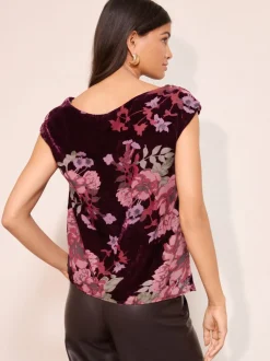 Friends Like These Red Floral Devore Assymetric Short Sleeve Blouse