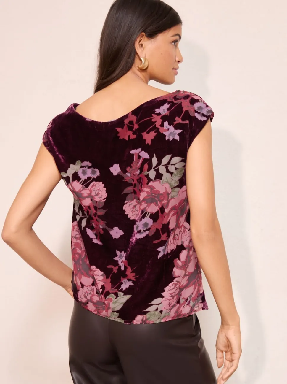 Friends Like These Red Floral Devore Assymetric Short Sleeve Blouse