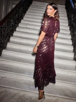 Friends Like These Red Foil Spot Short Sleeve Chiffon Tiered Maxi Dress