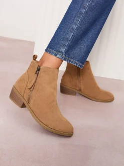 Friends Like These Tan Brown Standard fit Mid Block Heel Side Zip Faux Suede Cuban Boots