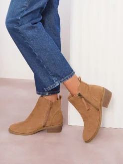 Friends Like These Tan Brown Standard fit Mid Block Heel Side Zip Faux Suede Cuban Boots