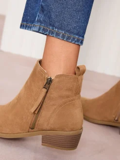 Friends Like These Tan Brown Standard fit Mid Block Heel Side Zip Faux Suede Cuban Boots